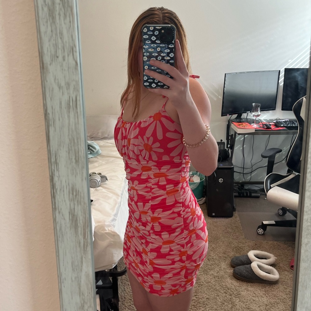 midnight doll pink mesh floral mini dress